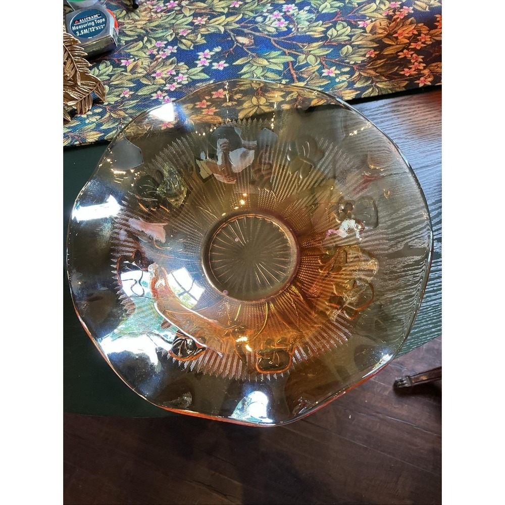 VTG 1950s Jeannette Golden Iridescent Iris and Herringbone Ruffled Glass Bowl